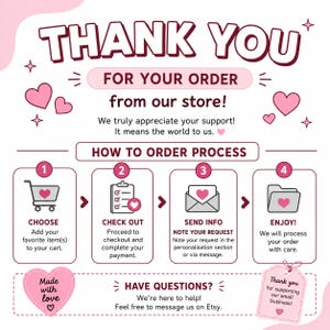 May include: A pink and white informational graphic titled THANK YOU FOR YOUR ORDER from our store! It outlines a four-step order process: 1. CHOOSE, 2. CHECK OUT, 3. SEND INFO, and 4. ENJOY! The design features heart icons, text, and a small business tag.