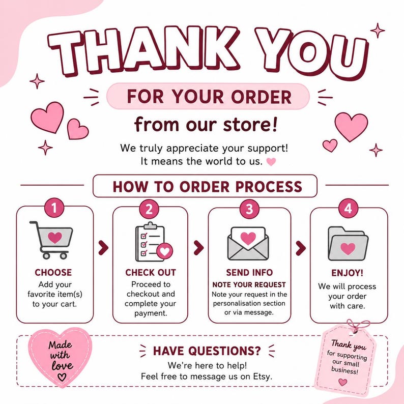 May include: A pink and white informational graphic titled THANK YOU FOR YOUR ORDER from our store! It outlines a four-step order process: 1. CHOOSE, 2. CHECK OUT, 3. SEND INFO, and 4. ENJOY! The design features heart icons, text, and a small business tag.