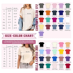 以下が含まれることがあります： Comfort Color 1717とBella Canvas 3001ブランドのTシャツのサイズとカラーチャート。インチ単位の測定値と、黒、白、ネイビー、ピンク、青、緑など、さまざまな色のオプションが表示されています。