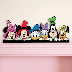 Esquina de puerta de Mickey y sus amigos de Disney, letrero de Mickey, Minnie, Donald, Daisy, Goofy y Pluto asomándose, arte de pared para guardería de Mickey, decoración de habitación infantil de Disney