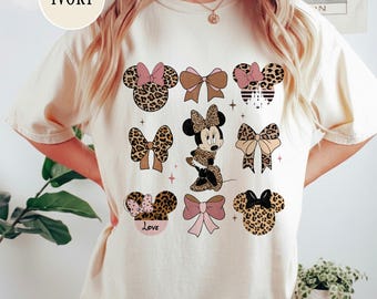 Coquette Bows Minnie comfort kleuren shirt, schattige Minnie Mouse luipaard coquette strik shirt, shirt Disney Girls, shirt Disneyland vakantiereis, shirt Disneyland vakantiereis