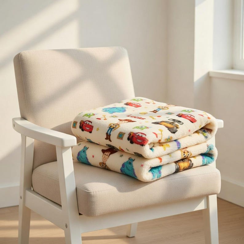 May include: Two folded cream-colored blankets with colorful cartoon character designs, stacked on a white chair. The blankets feature images of cars, monsters, and other animated figures. The chair has a light beige cushion and white wooden frame.
