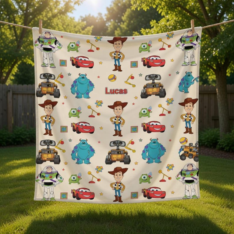May include: A cream-colored blanket featuring cartoon characters from Toy Story and Monsters, Inc. The blanket has images of Woody, Buzz Lightyear, Sully, and Wall-E, along with the name "Lucas". The blanket is hanging outside.