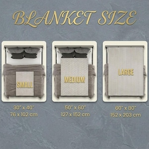 May include: Image showing blanket sizes: small (30" x 40"), medium (50" x 60"), and large (60" x 80"). Each size is displayed on a bed with a blanket. The text "BLANKET SIZE" is at the top in gold lettering.