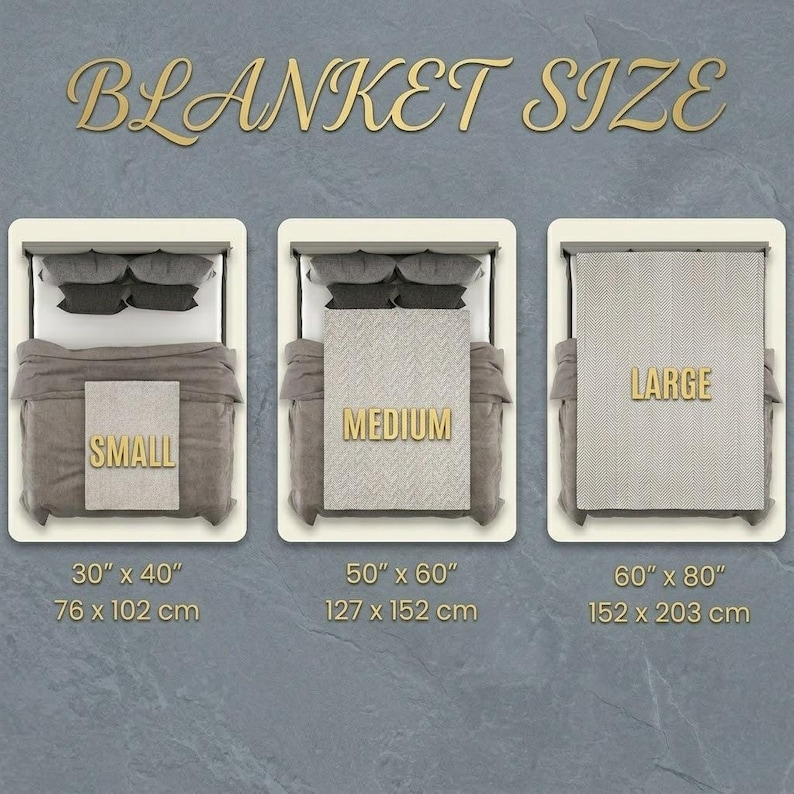 May include: Image showing blanket sizes: small (30" x 40"), medium (50" x 60"), and large (60" x 80"). Each size is displayed on a bed with a blanket. The text "BLANKET SIZE" is at the top in gold lettering.