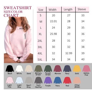 K&ouml;nnte beinhalten: Ein hellrosa Sweatshirt mit Gr&ouml;&szlig;entabelle und Farbauswahl. Die Tabelle listet die Gr&ouml;&szlig;en S bis 5XL mit Ma&szlig;en in Zoll f&uuml;r Breite, L&auml;nge und &Auml;rmell&auml;nge auf. Farboptionen sind Schwarz, Wei&szlig;, Sand und verschiedene Gr&uuml;n-, Rosa- und Blaut&ouml;ne.