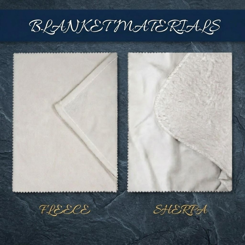 May include: Image showcasing two blanket materials: fleece and Sherpa. The fleece blanket is folded, revealing a clean, white surface. The Sherpa blanket, also white, is shown with a soft, textured surface. The text "BLANKET MATERIALS" is at the top.