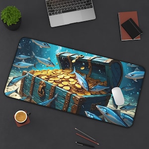 Baú do Tesouro Moedas de Ouro Fantasia Decoração de Mesa Pesca Presente Para Ele, Tapete de Mesa Estilo Sardinha Inspirado na Vida Marinha Costeira Mouse Pad Escritório