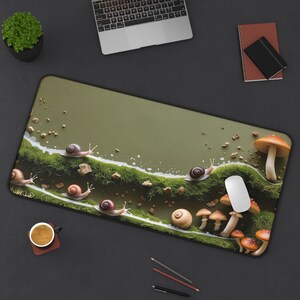 Whimsical Slug Garden Desk Mat - Nature-Inspired, Keyboard Mat, Desk Accessories, Goblincore Aesthetic, Cute Design, Gaming Pad, Woodland
