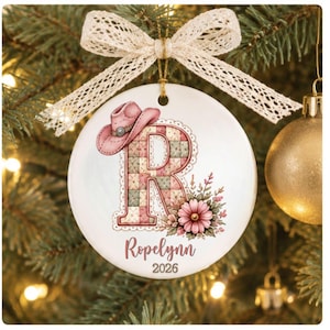 Personalized Patchwork Cowgirl Initial Christmas Ornament Custom Name Ornament Western Pink Cowboy Hat Ornament Girl Gift 2026
