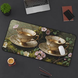Antique Teacup Garden Desk Mat - Nature-Inspired, Keyboard Mat, Desk Accessories, Cottagecore Aesthetic, Cute Design, Gaming Pad, Woodland