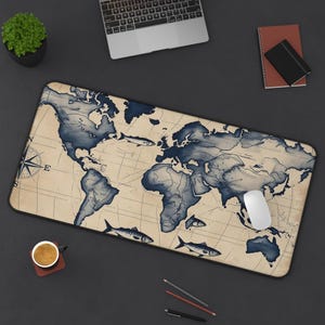 Tapete de mesa com mapa vintage, decoração de mesa, presente de pesca para ele, tapete de mesa estilo sardinha inspirado na vida marinha costeira, mouse pad XL, acessórios de escritório