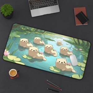 Bonita alfombrilla de escritorio kawaii pastel, decoración estética de oficina, regalo para gamer, accesorios de escritorio para el espacio de trabajo, alfombrilla de ratón inspiradora con nutrias.