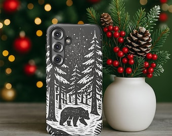 Black Bear Forest Tough Phone Case Winter Scene Mountain Wildlife Hard Shell Samsung Galaxy s25 s24 s23 s22 s21 s20 s10 Google Pixel 9 8 7 6