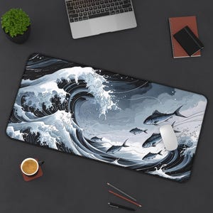 Tapete de mesa com ondas do oceano, decoração de mesa, presente de pesca para ele, tapete de mesa estilo sardinha inspirado na vida marinha costeira, mouse pad, acessórios de escritório