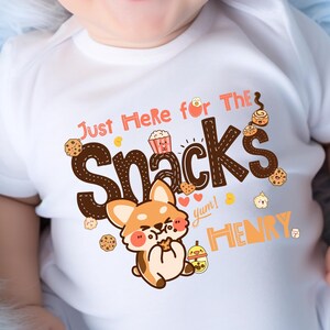 Just Here for the Snacks, Baby Bodysuit & Toddler T-shirt – Personalized Name Shirt, Cute Cartoon Dog Design, Unisex Baby Shower Gift