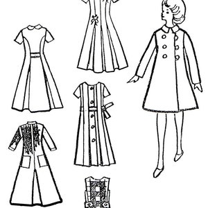 May include: Line drawing of five different dress designs. The dresses are all sleeveless and have a variety of necklines and styles.