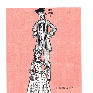 May include: A vintage printed pattern featuring illustrations of a boy doll and a girl doll in period clothing. The boy doll is 12 inches tall, and the girl doll is 11 1/2 inches tall. The pattern is size 11 1/2.