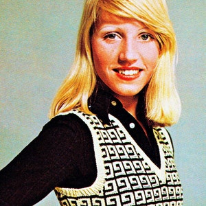 1970s Greek Key Knit Waistcoat Vest Knitting Pattern PDF | Bust 34–40″ | Vintage Women’s Reproduction e Pattern | Instant Download
