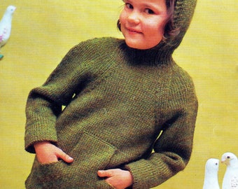 Cozy Hoodie Knitting Pattern Boys Girls Jumper Size 4-14 Chest 22- 32 Inches Vintage PDF Reproduction 1970s Instant Digital Download