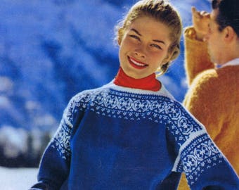 1960s Scandinavian Ski Sweater Knitting Pattern - Bust 34-38 (PDF Download)