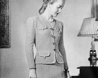 Two-Piece Suit PDF Knitting Pattern Feature Flap-Pocket Detail Flared Skirt Bust Sizes 32 Inches E-Pattern Instant PDF Download Reproduction