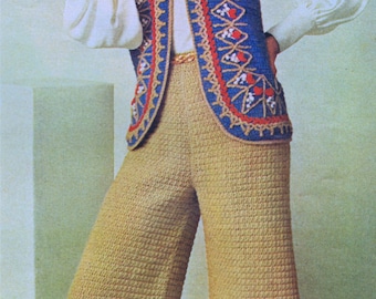 PDF Crochet Pattern Boho Bell Bottom Evening Pants Embroidery Trimmed Cocheted Vest Set Sizes 10-16 Vintage 60s ePatterns Instant Download