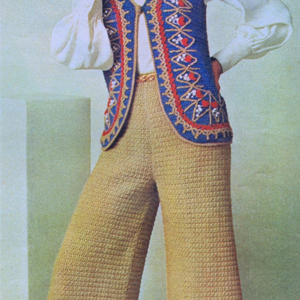 PDF Crochet Pattern Boho Bell Bottom Evening Pants Embroidery Trimmed Cocheted Vest Set Sizes 10-16 Vintage 60s ePatterns Instant Download