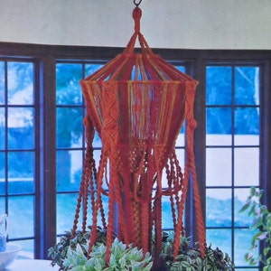 May include: A red and yellow macrame plant hanger with three hanging plants. The plants are in small pots and have green leaves. The hanger is hanging from a hook in the ceiling.