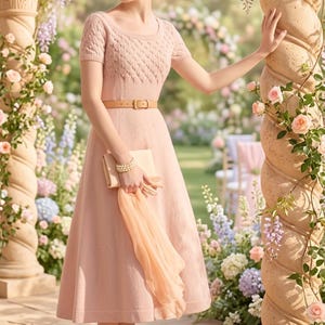 50s ribbon tie dip hem flare lace dress This 1950s gown is INCREDIBLE!!! Brought to you by Emma Domb! It's a  champagne blush pink with a fitted lace and net bodice featuring delicate  double spaghetti straps and a softly sculpted