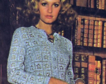 Vintage 1970s Silvery Pantsuit Filet Crochet Tunic and Slim Knit Pants | PDF Pattern