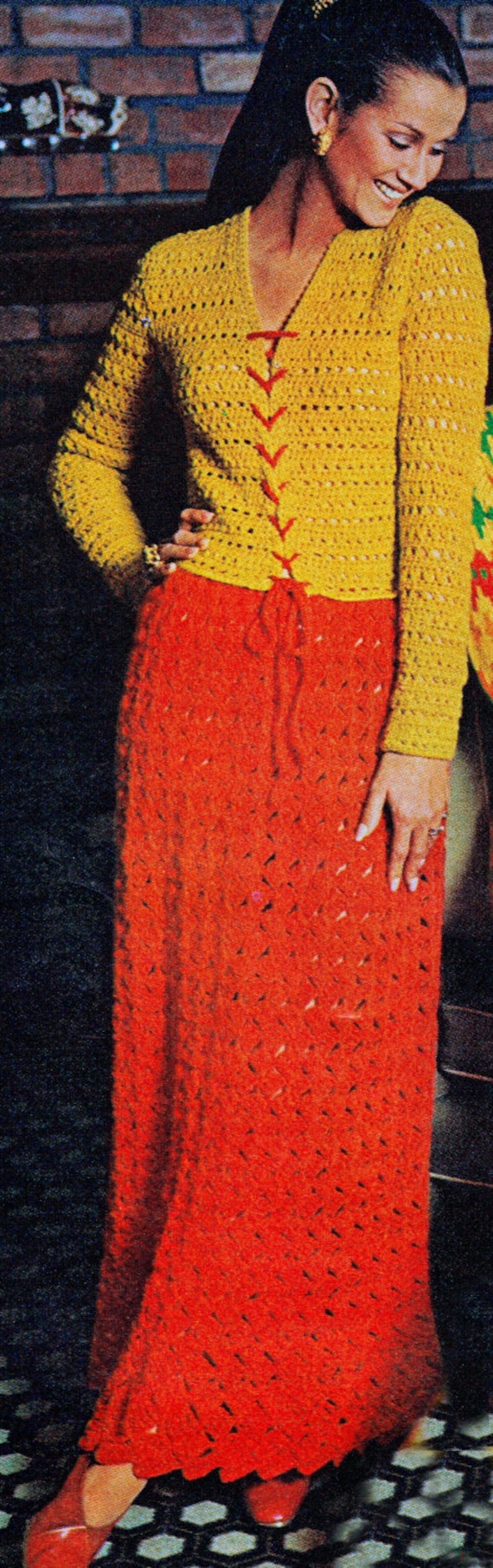 Vintage 70s Crochet Lace Maxi Skirt Blouse Pattern Bust 32-36