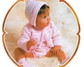 Crochet Patterns Baby Infant Layette Cardigan Cap Rompers Bootees Three-Nine Months Instant PDF Pattern Download