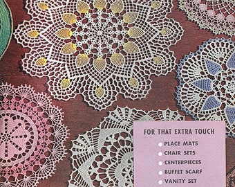 Vintage Crochet e Patterns Place Mats Doilies Luncheon Sets Chair Sets Centerpiece Buffet Scarf Vanity Instant Download 1950's Reproduction