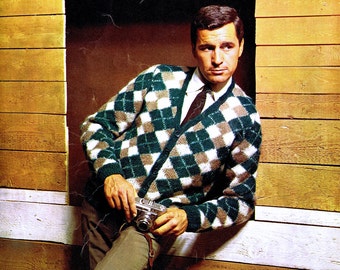 Vintage 60s Mens Argyle Cardigan Sweater Knitting Pattern (PDF