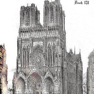 Könnte beinhalten: Schwarzweißillustration eines großen, verzierten Kirchengebäudes mit hohen Türmen und komplizierten Details. Der Titel "Church Laces" und "Book 131" sind oben im Bild gedruckt. Der Text "Price 10 Cents" ist unten im Bild gedruckt.