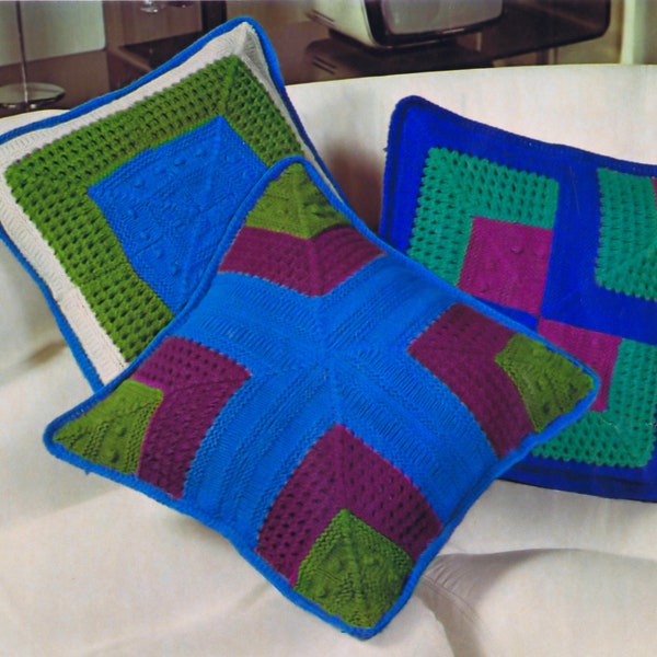 PDF Knitting Patterns Pillow Cushion Gifts To Make 1970s Three Design Variations 16 Inch Square e-Pattern Reproduction Instant PDF Download