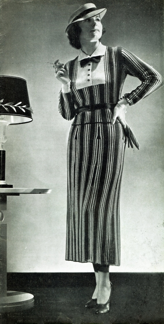 1930s Crochet Day Dress Pattern: Vintage Striped Design (Bust 34-38 Inches)  (PDF Download)