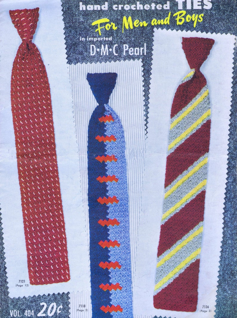 Vintage Crocheted Mens Fashion Tie Patterns | Seventeen Retro Mid Century Design Styles for Men & Boy's PDF e-Pattern Instant Download