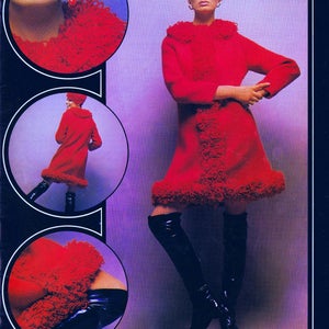 May include: A red crocheted coat with a ruffled trim and a matching hat. The coat is shown in four different views, including a close-up of the fabric and the model wearing the coat.  Style no. 6939 (directions on page 14).