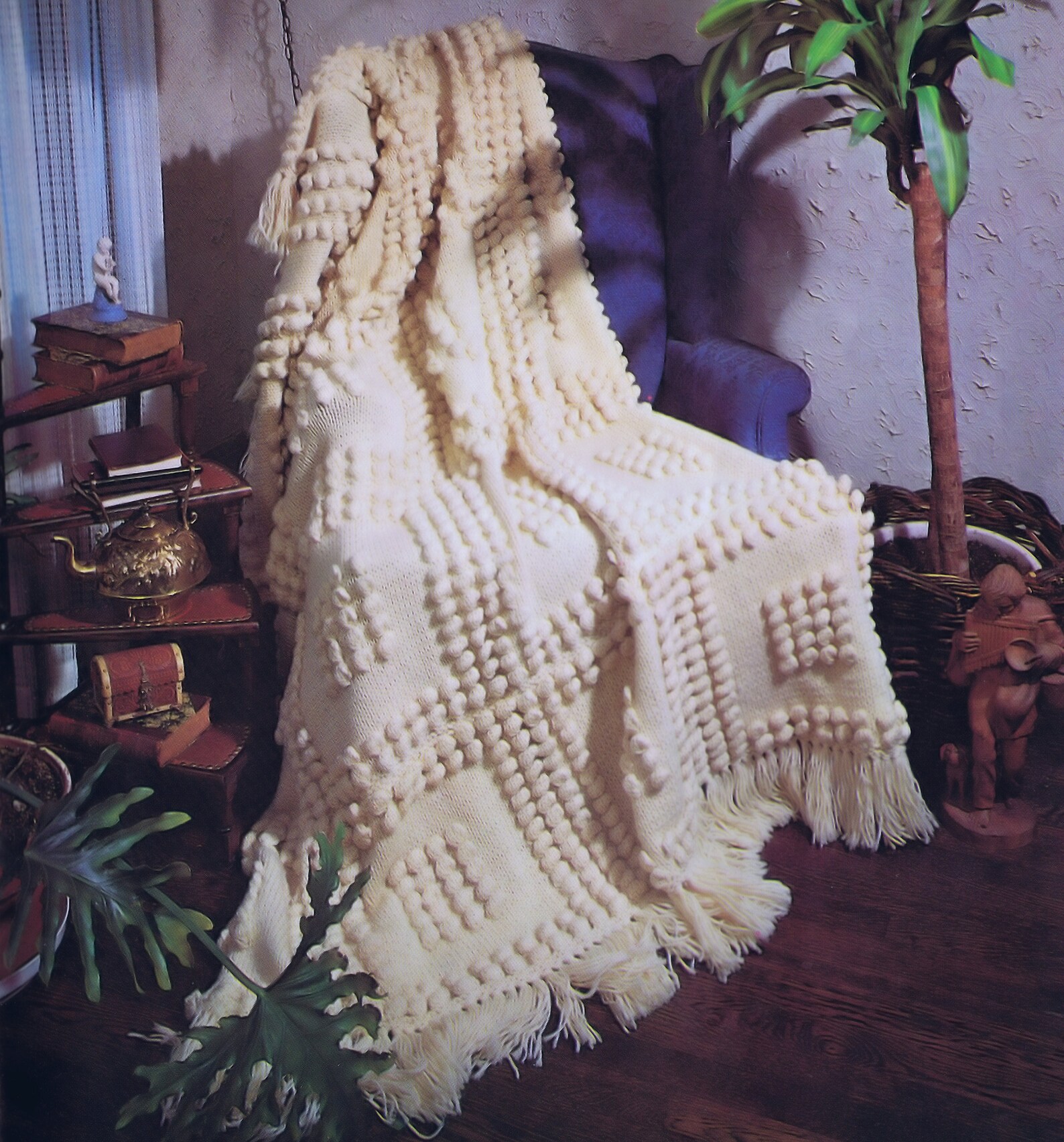 Vintage Afghan Knitting Pattern Popcorn Square Home Decor Coverlet 60 X