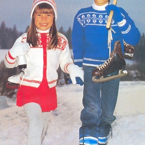 May include: Two children wearing winter clothing and holding ice skates. The girl is wearing a white and red knitted sweater, a red skirt, and white tights. The boy is wearing a blue knitted sweater with a white pattern, blue jeans, and blue and white snow boots.