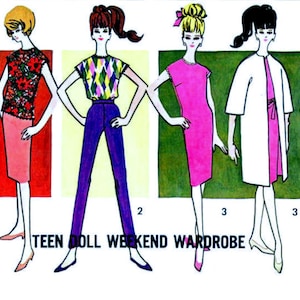 May include: Illustration of a "Teen Doll Weekend Wardrobe" featuring five outfits. Outfits include a pink suit, floral top and skirt, purple pants and patterned top, pink dress, and white coat with pink dress. The outfits are in a retro style.