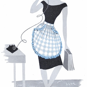 May include: A woman in a black dress and a blue and white checkered apron with a ruffled trim is on the phone. She is holding a book in her other hand. The phone is connected to a rotary dial phone on a table.