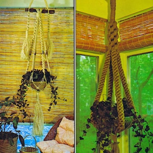 May include: Two macrame plant hangers with hanging plants. The first hanger is made of natural colored rope with tassels and is hanging in a room with bamboo blinds. The second hanger is made of brown rope and is hanging in a room with windows and green foliage outside.