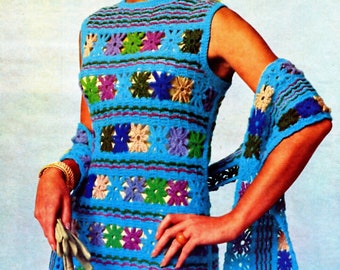 1970s Crochet Flower Dress & Stole Pattern: Vintage Reproduction (Sizes 8-18) (PDF Download)