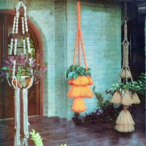 May include: Three macrame plant hangers with different colored cords and tassels. The hangers are hanging from the ceiling and have plants in them. The hangers are made of natural fibers and have a rustic look.