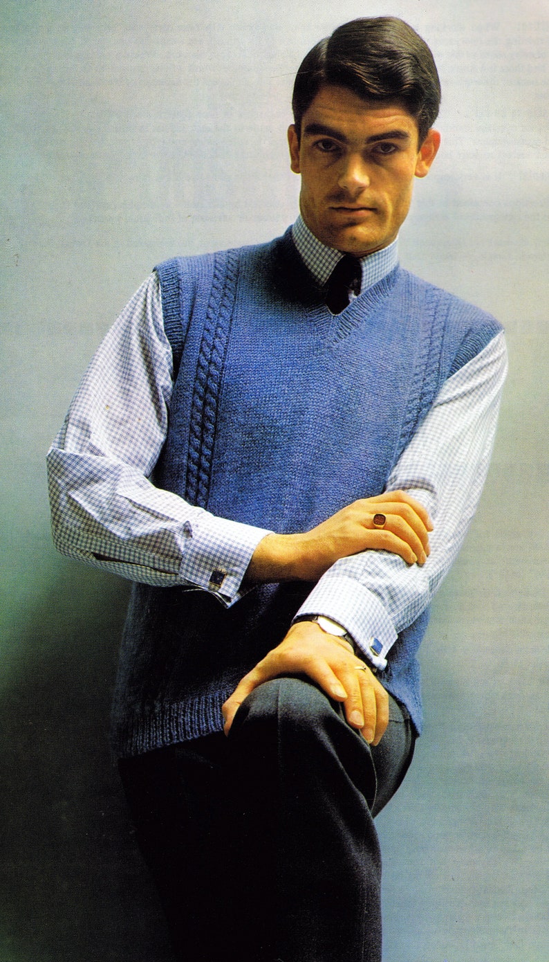 Men's Vintage Knitting Pattern Sleeveless Pullover Vest Cable Stitch