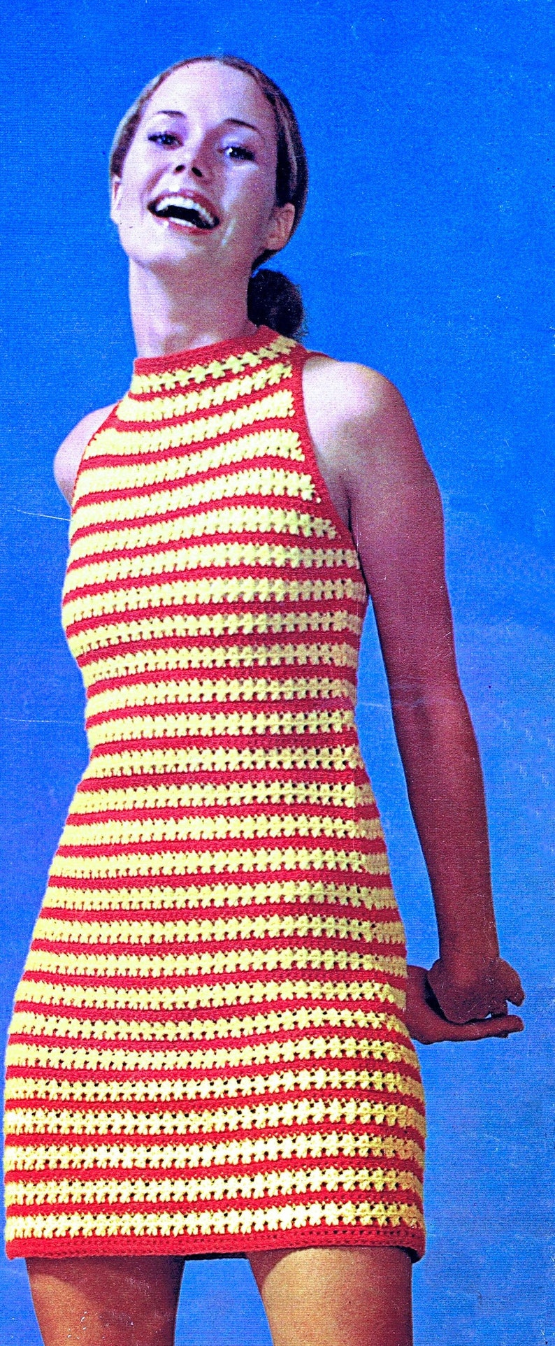 vintage crochet dress pattern, 1970s bare-shoulder dress, striped shift dress, PDF crochet pattern, bust sizes 35-43 inches, retro fashion, vintage shift dress, instant download pattern, 70s crochet dress, crochet shift dress pattern
