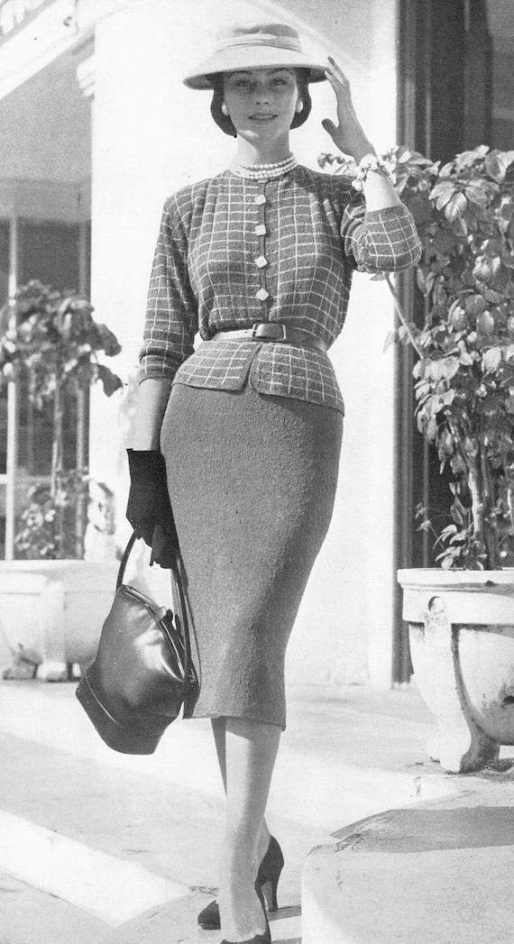knit dress with jacket 1950s & Checked Pattern: Vintage Reproduction (bust 32-36 Inches) (PDF Pattern) how to wear a sweater dress with ankle boots